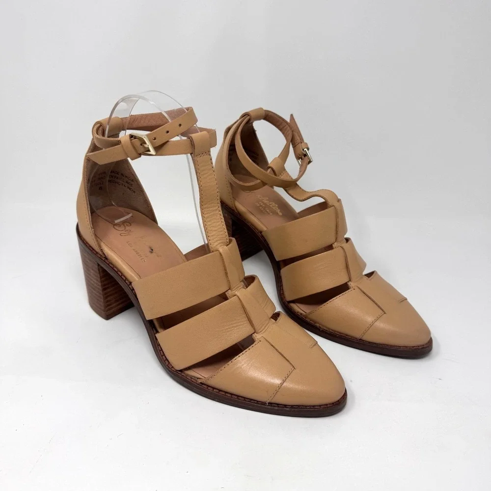 Seychelles Sandals Womens 6 Tan Leather Strappy Block Heel Ankle Strap Neutral - Picture 3 of 8